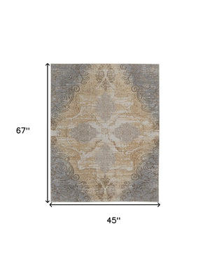 HomeRoots 4' Tan and Gray Medallion Area Rug – Luxurious Viscose, Non-Slip Backing, Perfect for Any Room 4' X 6' 513144
