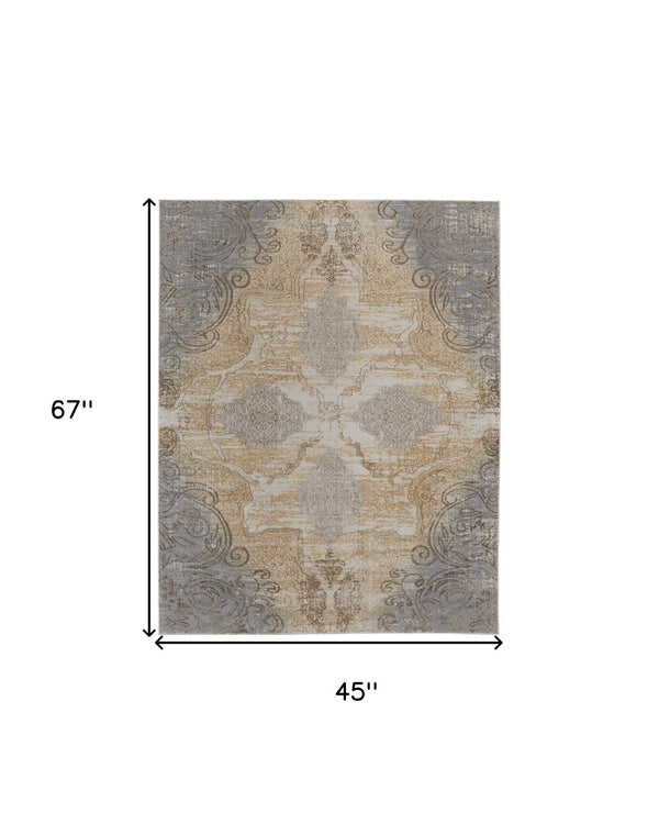 HomeRoots 4' Tan and Gray Medallion Area Rug – Luxurious Viscose, Non-Slip Backing, Perfect for Any Room 4' X 6' 513144