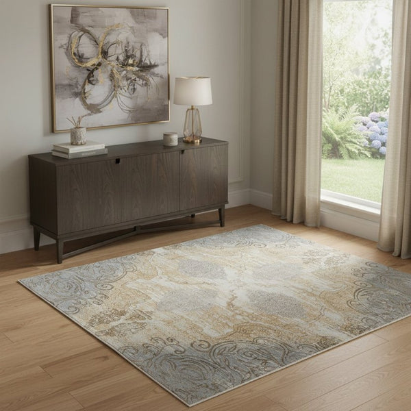 HomeRoots 4' Tan and Gray Medallion Area Rug – Luxurious Viscose, Non-Slip Backing, Perfect for Any Room 4' X 6' 513144