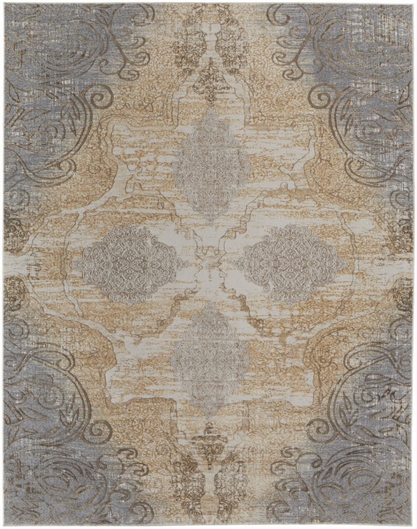 HomeRoots 4' Tan and Gray Medallion Area Rug – Luxurious Viscose, Non-Slip Backing, Perfect for Any Room 5' X 8' 513145