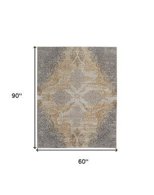 HomeRoots 4' Tan and Gray Medallion Area Rug – Luxurious Viscose, Non-Slip Backing, Perfect for Any Room 5' X 8' 513145