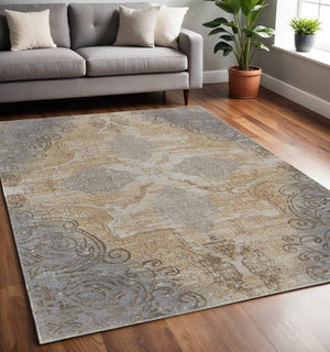 HomeRoots 4' Tan and Gray Medallion Area Rug – Luxurious Viscose, Non-Slip Backing, Perfect for Any Room 5' X 8' 513145