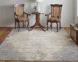 HomeRoots 4' Tan and Gray Medallion Area Rug – Luxurious Viscose, Non-Slip Backing, Perfect for Any Room 5' X 8' 513145