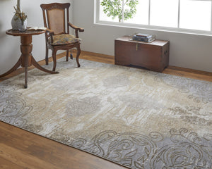 HomeRoots 4' Tan and Gray Medallion Area Rug – Luxurious Viscose, Non-Slip Backing, Perfect for Any Room 5' X 8' 513145