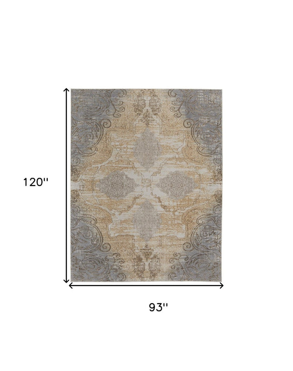 HomeRoots 4' Tan and Gray Medallion Area Rug – Luxurious Viscose, Non-Slip Backing, Perfect for Any Room 8' X 10' 513146