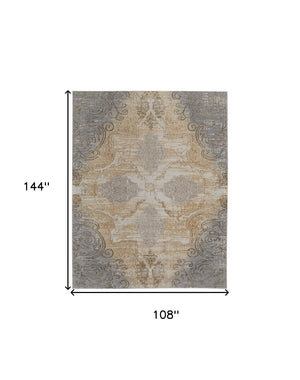 HomeRoots 4' Tan and Gray Medallion Area Rug – Luxurious Viscose, Non-Slip Backing, Perfect for Any Room 9' X 12' 513147