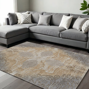 HomeRoots 4' Tan and Gray Medallion Area Rug – Luxurious Viscose, Non-Slip Backing, Perfect for Any Room 9' X 12' 513147