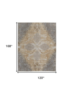 HomeRoots 4' Tan and Gray Medallion Area Rug – Luxurious Viscose, Non-Slip Backing, Perfect for Any Room 10' X 14' 513148