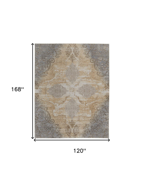 HomeRoots 4' Tan and Gray Medallion Area Rug – Luxurious Viscose, Non-Slip Backing, Perfect for Any Room 10' X 14' 513148