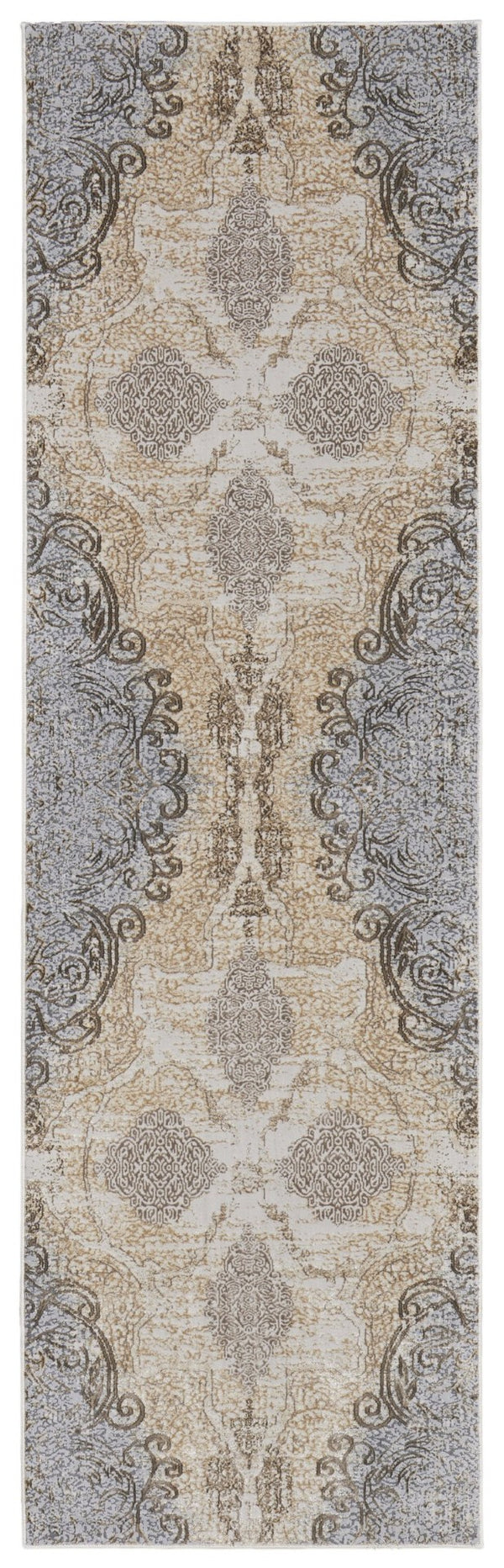 HomeRoots 4' Tan and Gray Medallion Area Rug – Luxurious Viscose, Non-Slip Backing, Perfect for Any Room 8' Runner 513149