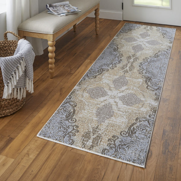 HomeRoots 4' Tan and Gray Medallion Area Rug – Luxurious Viscose, Non-Slip Backing, Perfect for Any Room 8' Runner 513149