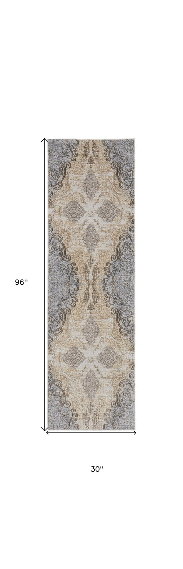 HomeRoots 4' Tan and Gray Medallion Area Rug – Luxurious Viscose, Non-Slip Backing, Perfect for Any Room 8' Runner 513149