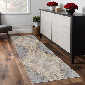 HomeRoots 4' Tan and Gray Medallion Area Rug – Luxurious Viscose, Non-Slip Backing, Perfect for Any Room 8' Runner 513149