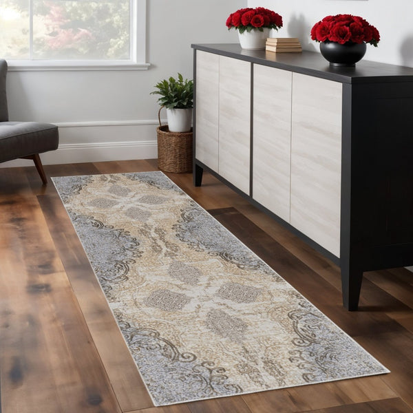 HomeRoots 4' Tan and Gray Medallion Area Rug – Luxurious Viscose, Non-Slip Backing, Perfect for Any Room 8' Runner 513149