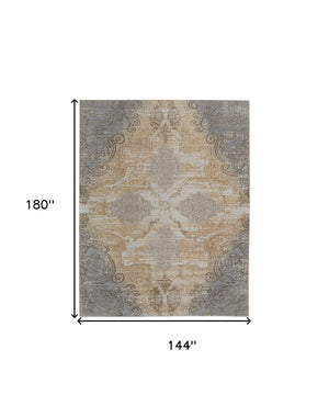 HomeRoots 4' Tan and Gray Medallion Area Rug – Luxurious Viscose, Non-Slip Backing, Perfect for Any Room 12' X 15' 513150