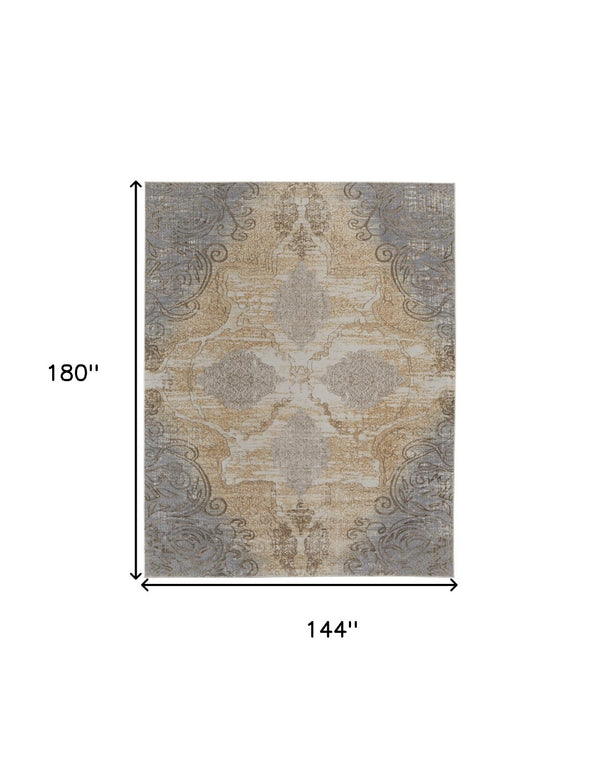 HomeRoots 4' Tan and Gray Medallion Area Rug – Luxurious Viscose, Non-Slip Backing, Perfect for Any Room 12' X 15' 513150