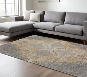 HomeRoots 4' Tan and Gray Medallion Area Rug – Luxurious Viscose, Non-Slip Backing, Perfect for Any Room 12' X 15' 513150