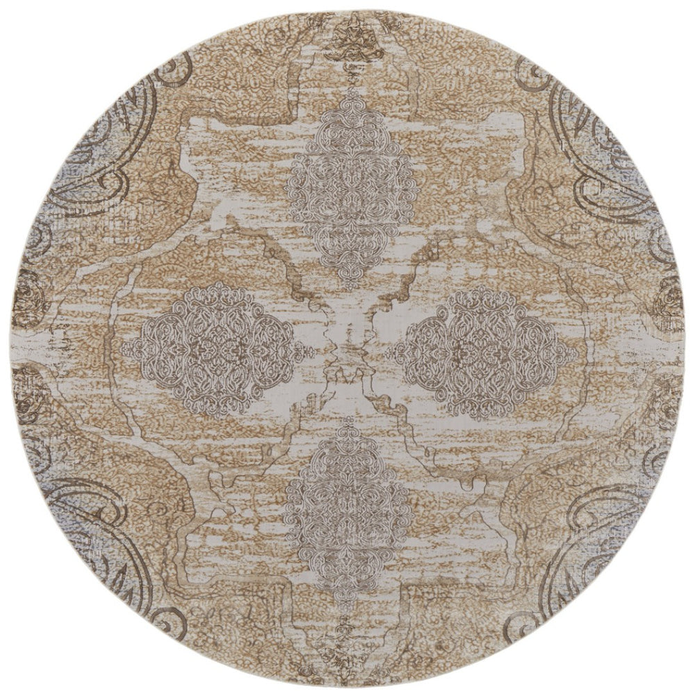 HomeRoots 4' Tan and Gray Medallion Area Rug – Luxurious Viscose, Non-Slip Backing, Perfect for Any Room 8' Round 513151
