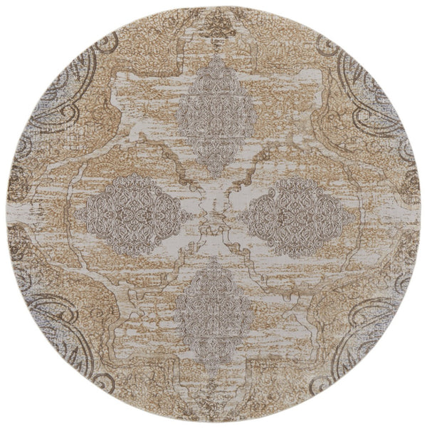 HomeRoots 4' Tan and Gray Medallion Area Rug – Luxurious Viscose, Non-Slip Backing, Perfect for Any Room 8' Round 513151
