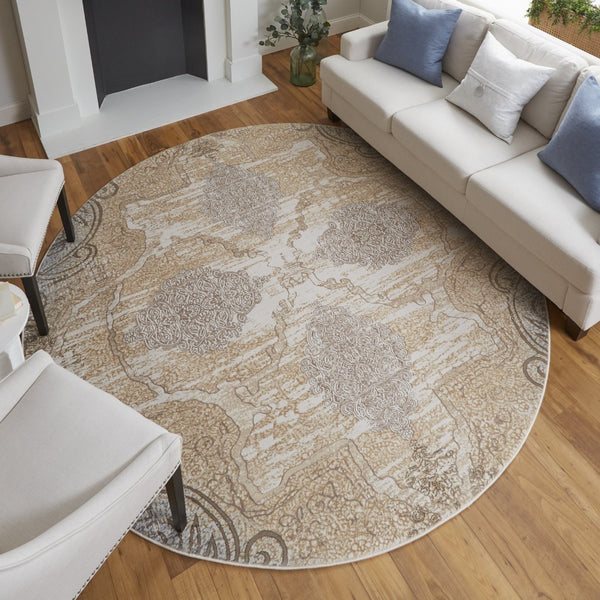 HomeRoots 4' Tan and Gray Medallion Area Rug – Luxurious Viscose, Non-Slip Backing, Perfect for Any Room 8' Round 513151
