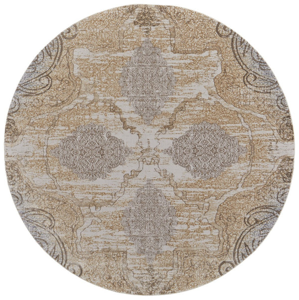 HomeRoots 4' Tan and Gray Medallion Area Rug – Luxurious Viscose, Non-Slip Backing, Perfect for Any Room 8' Round 513151