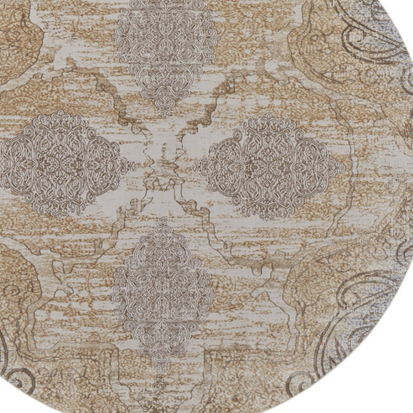 HomeRoots 4' Tan and Gray Medallion Area Rug – Luxurious Viscose, Non-Slip Backing, Perfect for Any Room 8' Round 513151