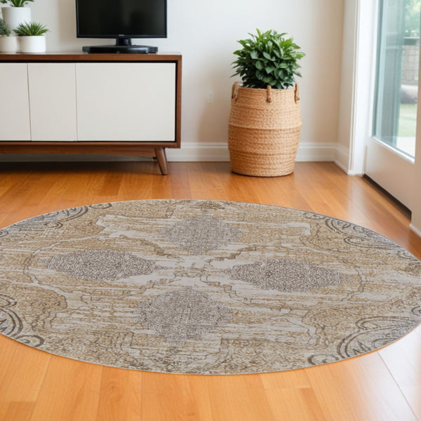 HomeRoots 4' Tan and Gray Medallion Area Rug – Luxurious Viscose, Non-Slip Backing, Perfect for Any Room 8' Round 513151