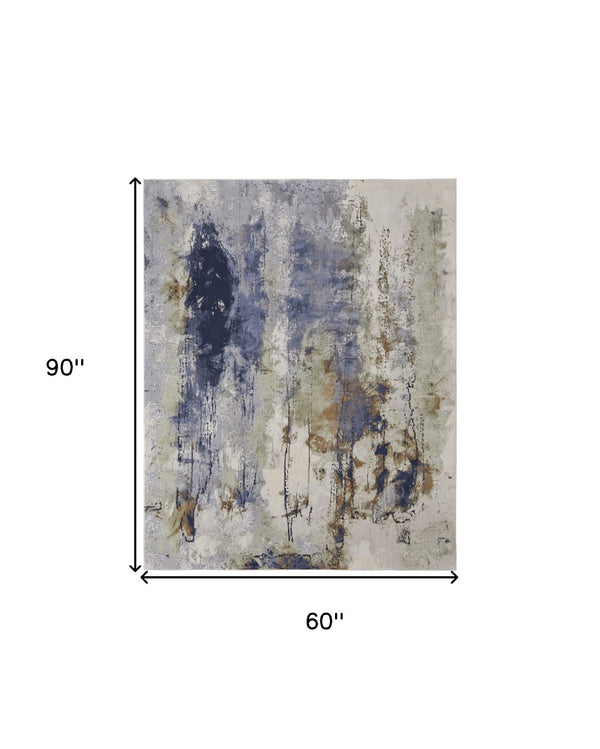 HomeRoots 4' Striking Blue, Orange, and Ivory Abstract Area Rug for Contemporary Home Décor and Style 5' X 8' 513154