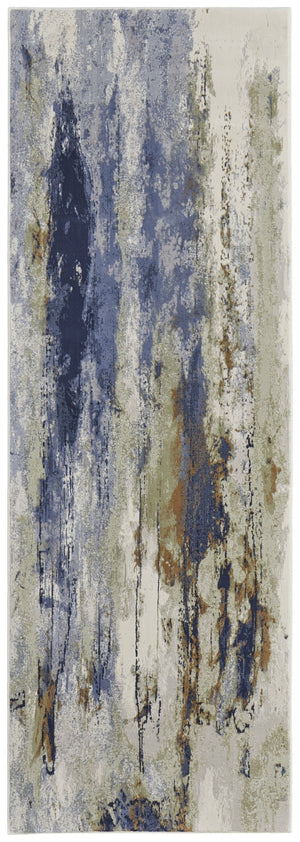 HomeRoots 4' Striking Blue, Orange, and Ivory Abstract Area Rug for Contemporary Home Décor and Style 8' Runner 513158