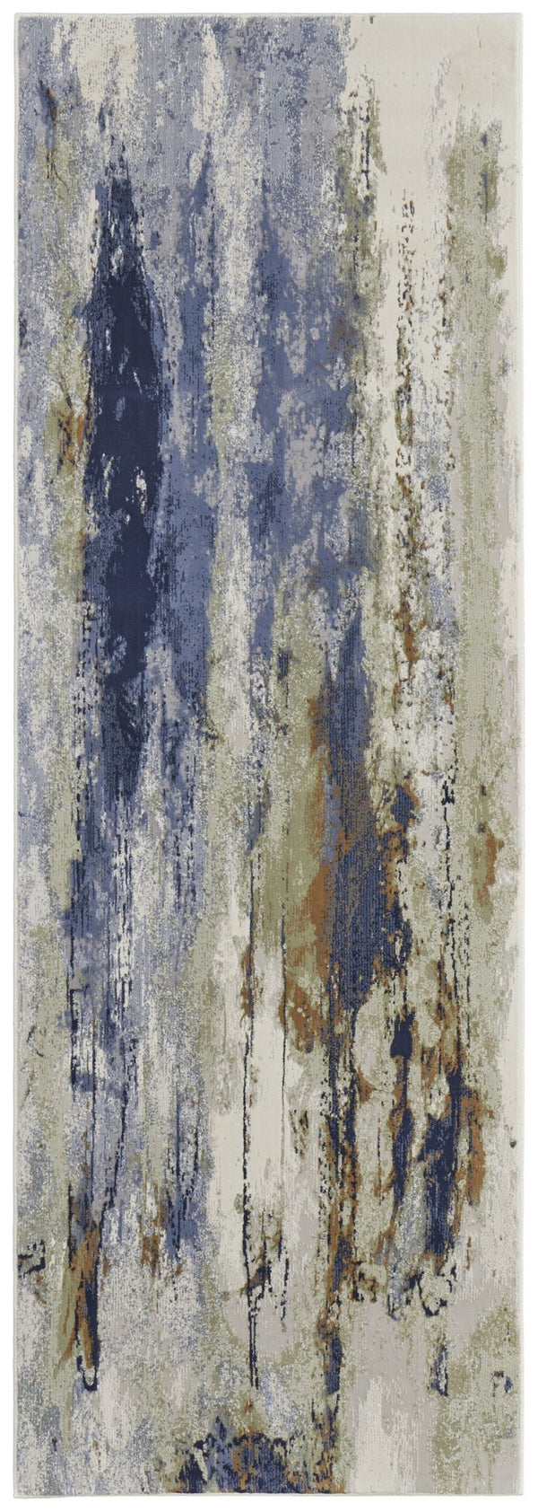 HomeRoots 4' Striking Blue, Orange, and Ivory Abstract Area Rug for Contemporary Home Décor and Style 8' Runner 513158