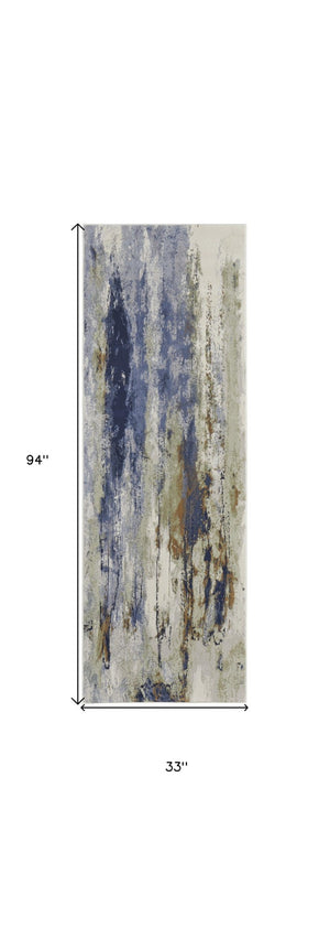 HomeRoots 4' Striking Blue, Orange, and Ivory Abstract Area Rug for Contemporary Home Décor and Style 8' Runner 513158