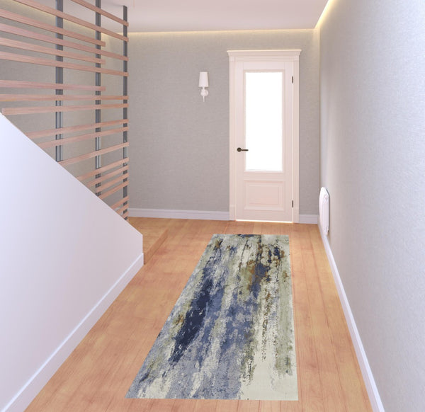 HomeRoots 4' Striking Blue, Orange, and Ivory Abstract Area Rug for Contemporary Home Décor and Style 8' Runner 513158