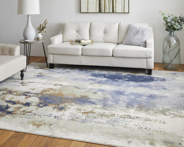 HomeRoots 4' Striking Blue, Orange, and Ivory Abstract Area Rug for Contemporary Home Décor and Style 12' X 15' 513159