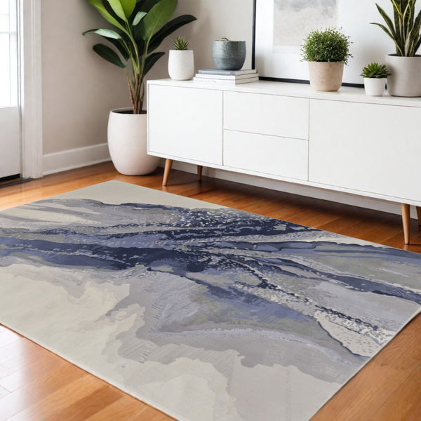 HomeRoots 4' Blue Gray and Ivory Abstract Area Rug - Stylish Modern Design for High-Traffic Spaces and Durability 4' X 6' 513169