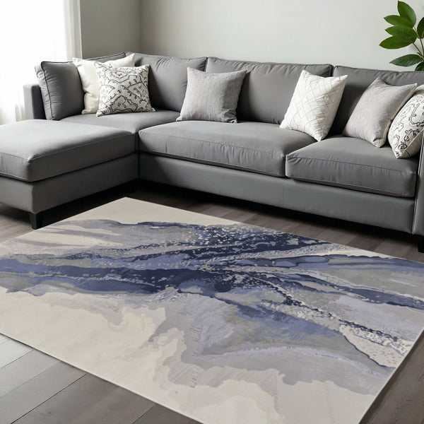 HomeRoots 4' Blue Gray and Ivory Abstract Area Rug - Stylish Modern Design for High-Traffic Spaces and Durability 12' X 15' 513175