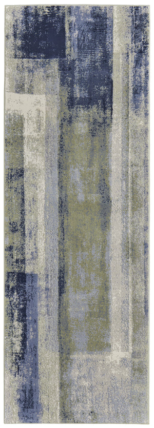Homeroots 8' Blue Green And Ivory Abstract Power Loom Distressed Runner Rug  Polypropylene 513190