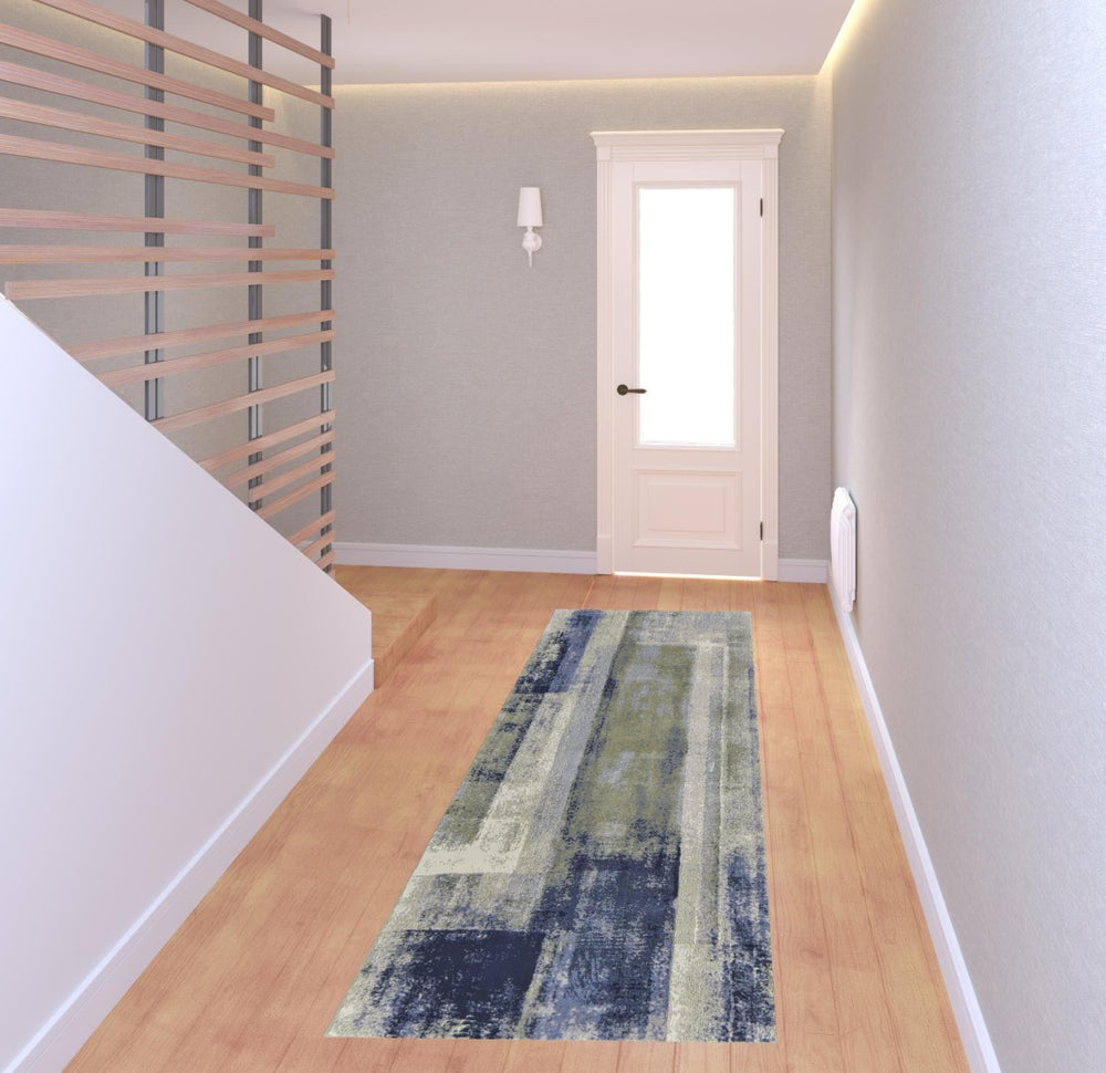 HomeRoots 4' Blue Green Ivory Abstract Distressed Area Rug - Elegant Modern Design for Stylish Home Decor 8' Runner 513190