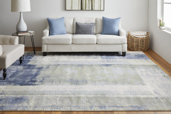 Homeroots 12' X 15' Blue Green And Ivory Abstract Power Loom Distressed Area Rug  Polypropylene 513191