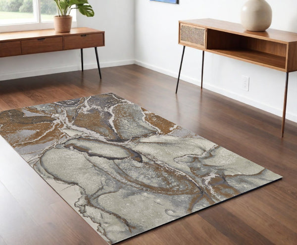 HomeRoots 4' Elegant Gray and Brown Marble Power Loom Area Rug - Stylish, Durable, and Versatile for Any Space 4' X 6' 513201
