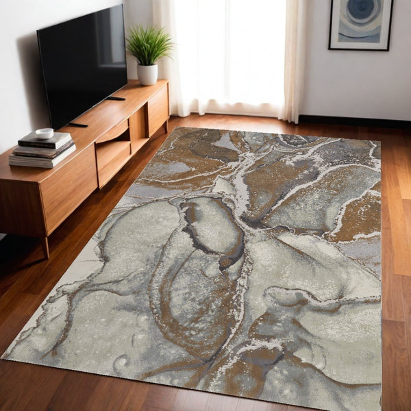 HomeRoots 4' Elegant Gray and Brown Marble Power Loom Area Rug - Stylish, Durable, and Versatile for Any Space 5' X 8' 513202