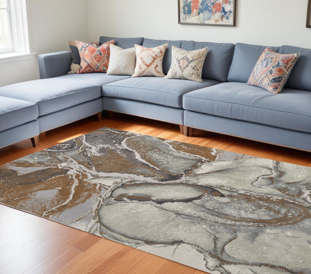 HomeRoots 4' Elegant Gray and Brown Marble Power Loom Area Rug - Stylish, Durable, and Versatile for Any Space 9' X 12' 513204