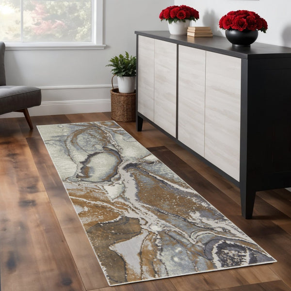 HomeRoots 4' Elegant Gray and Brown Marble Power Loom Area Rug - Stylish, Durable, and Versatile for Any Space 8' Runner 513206