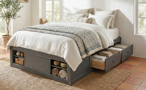 English Elm Queen Platform Bed with Four Storage Drawers Footboard Cubby Modern Low Profile Frame Gray LP000138AAE