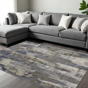 HomeRoots 4' Abstract Distressed Area Rug in Blue-Gray and Tan - Durable, Stylish, Perfect for High-Traffic Spaces 10' X 13' 513213