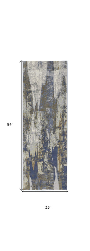 Homeroots 8' Blue Gray And Tan Abstract Power Loom Distressed Runner Rug Blue,Gray,Tan Polypropylene 513214