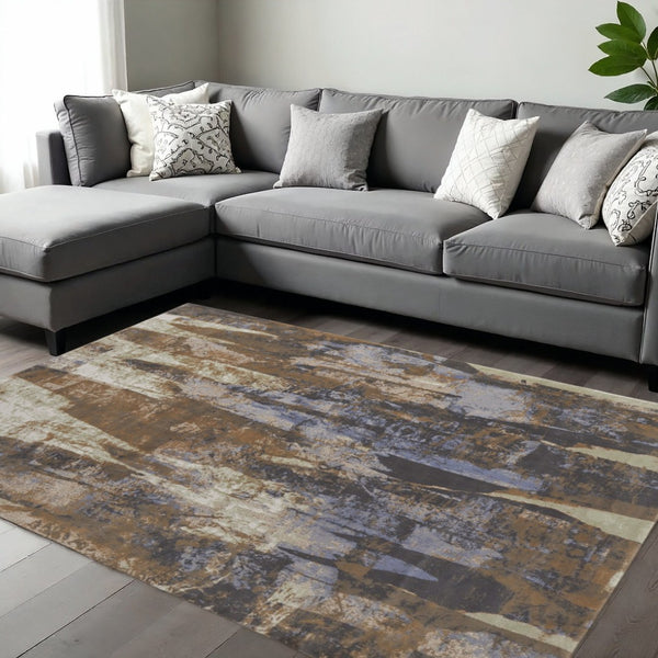 HomeRoots 4' Abstract Distressed Area Rug in Blue-Gray and Tan - Durable, Stylish, Perfect for High-Traffic Spaces 8' X 10' 513219