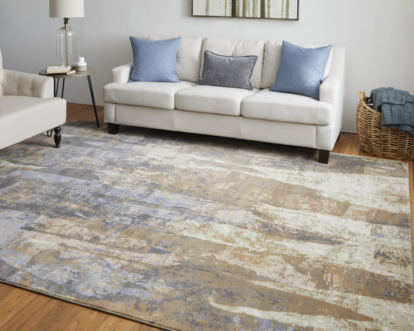 Homeroots 10' X 13' Brown Blue And Ivory Abstract Power Loom Distressed Area Rug Brown,Blue,Ivory Polypropylene 513221