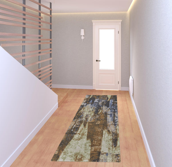 Homeroots 8' Brown Blue And Ivory Abstract Power Loom Distressed Runner Rug Brown,Blue,Ivory Polypropylene 513222