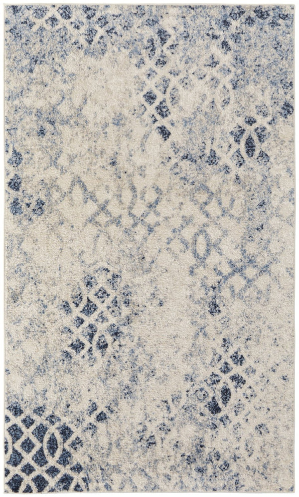 HomeRoots 7' Ivory and Blue Abstract Area Rug - Distressed Power Loom Design for Modern and Transitional Spaces 7' X 10' 513276