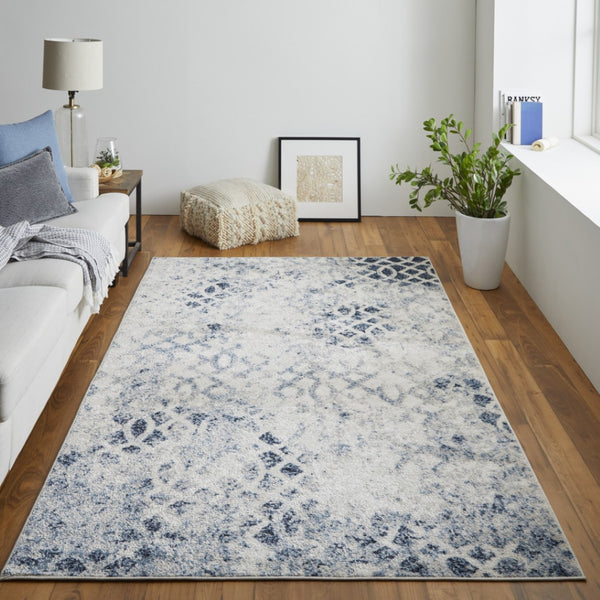 HomeRoots 7' Ivory and Blue Abstract Area Rug - Distressed Power Loom Design for Modern and Transitional Spaces 7' X 10' 513276